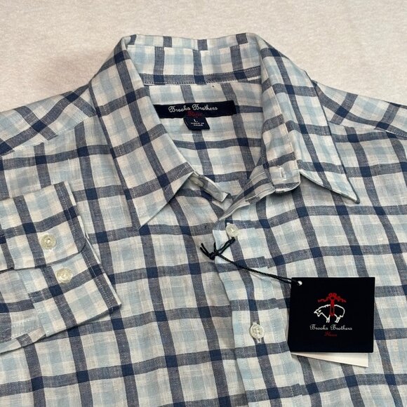 Brooks Brothers Shirt Mens Large White Blue Plaid 100% Irish Linen NWT - Picture 1 of 11